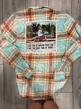 Relaxed Plaid Button-Down Shirt with Back Graphic Patch - Aqua & Orange